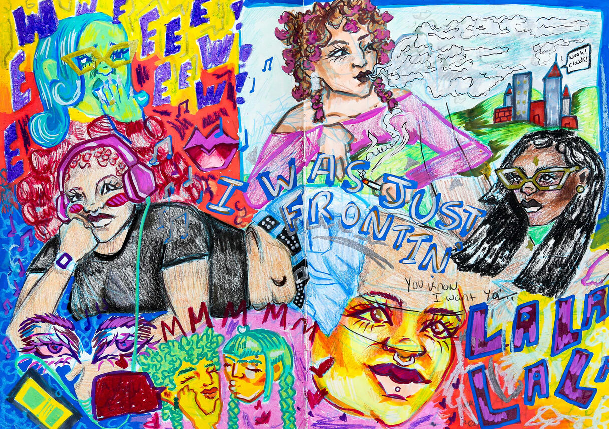 Girls, Girls, Girls, May 2025, Color Pencil, Gouache, Oil Pastel, Color Pencil, Crayon